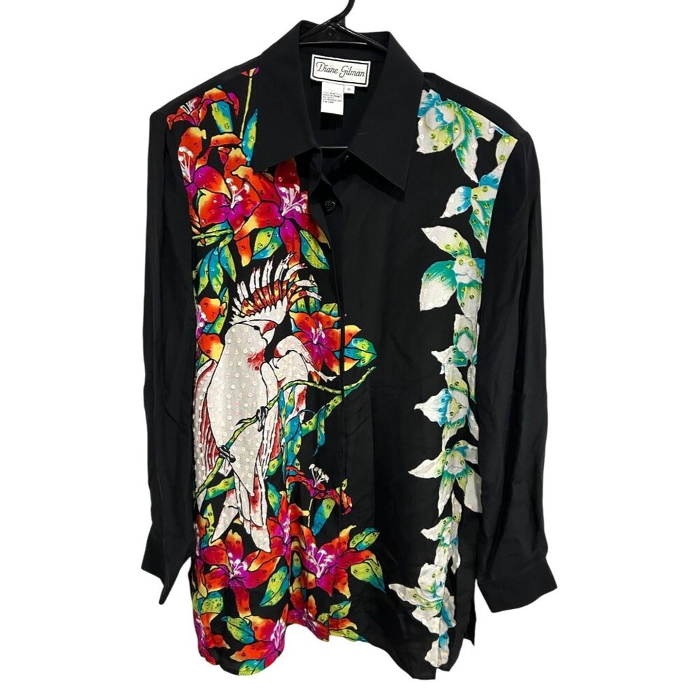 Diane Gilman Black Silk Shirt Cockatoo Tropical Bird Floral Print Sz Medium